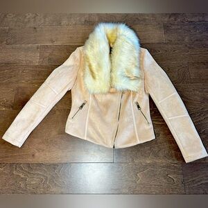 Le Château Pink Jacket with Golden Zip and Removable Faux Fur, XS, never worn